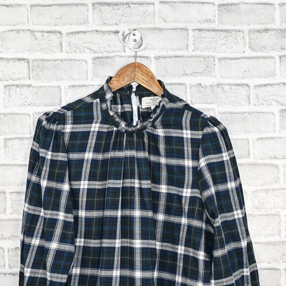 Trovata Birds of Paradis Mock Neck Blouse Green Plaid Cotton size Large - Picture 6 of 9